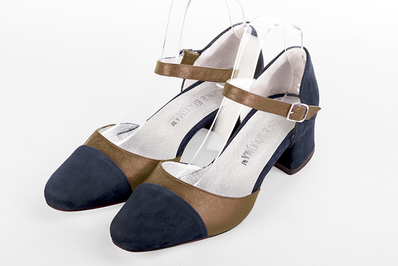 Navy blue and copper gold women's open side shoes, with an instep strap. Round toe. Low flare heels - Florence KOOIJMAN